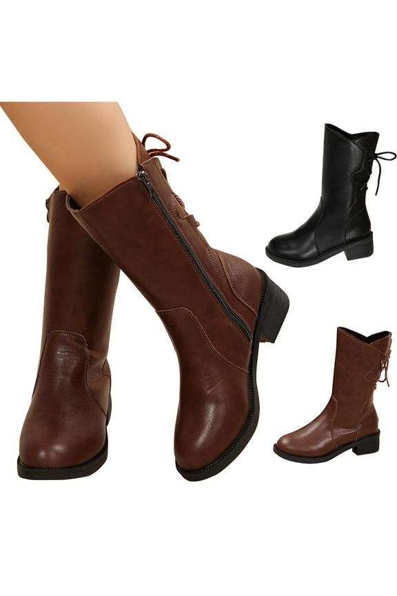 Women's Knee High Boots Side Zipper Lug Sole Stacked Chunky Heel Boots A-Brown 9(42)