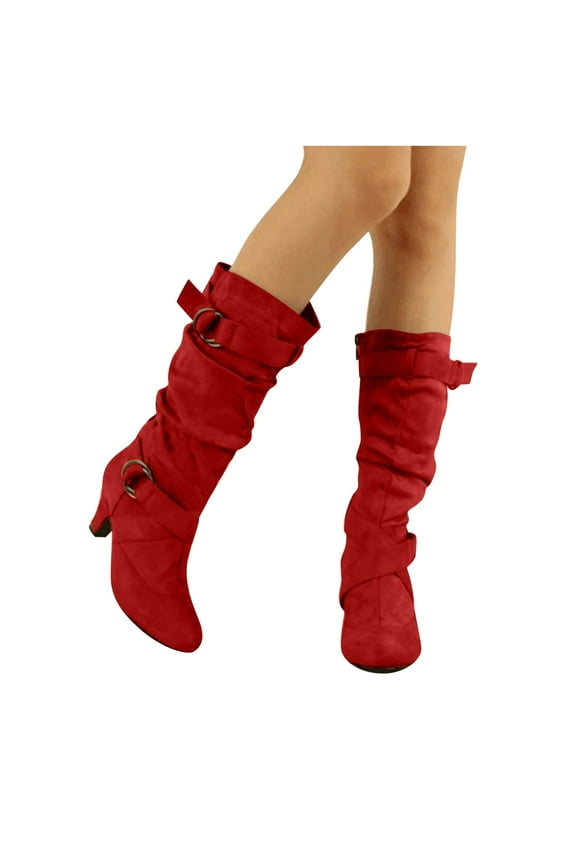 Women's Knee High Boots Slouchy Chunky Heeled Buckle Long Boots for Women Tall Boots Red 8.5(41)