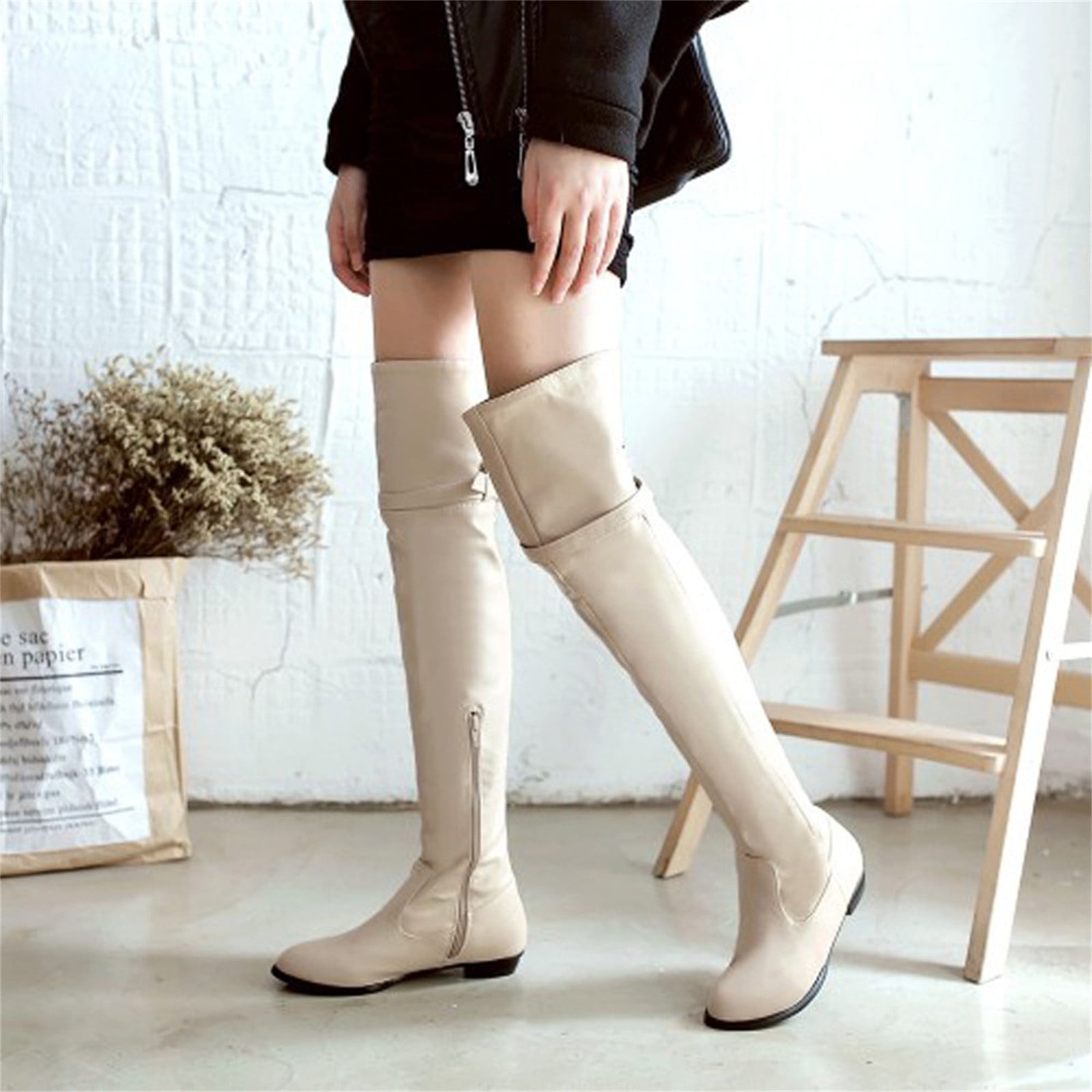 Miluxas Women's Knee-High Boots Comfortable Flat Low Heel Round