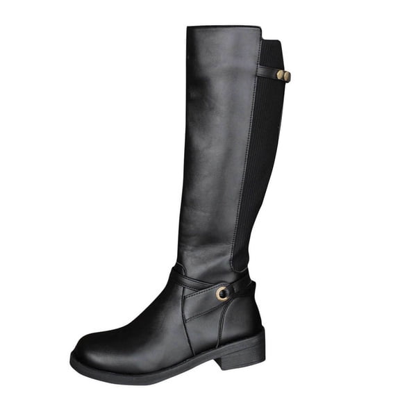Miluxas Women's Knee High Boots Low Block Heel Riding Boots Round Toe Side Zipper Biker Motorcycle Buckle Boots