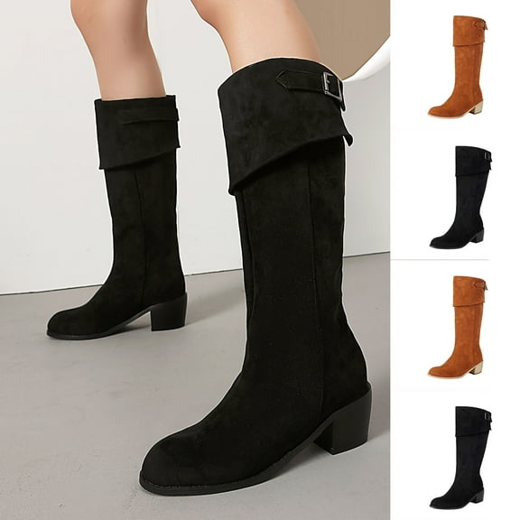 Miluxas Women's Knee High Boots Mid Calf Low Heel Riding Boots Fall Winter Belt Buckle Suede Boots for Women Brown 9.5(43)