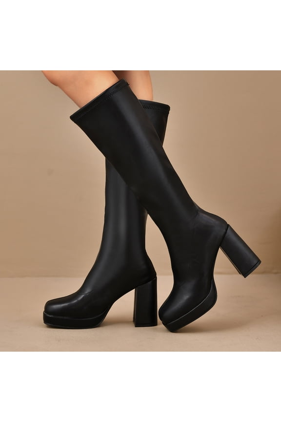 Women’s Knee High Boots Platform Chunky High Heel Square Toe Boots Shoes Black 7(39)