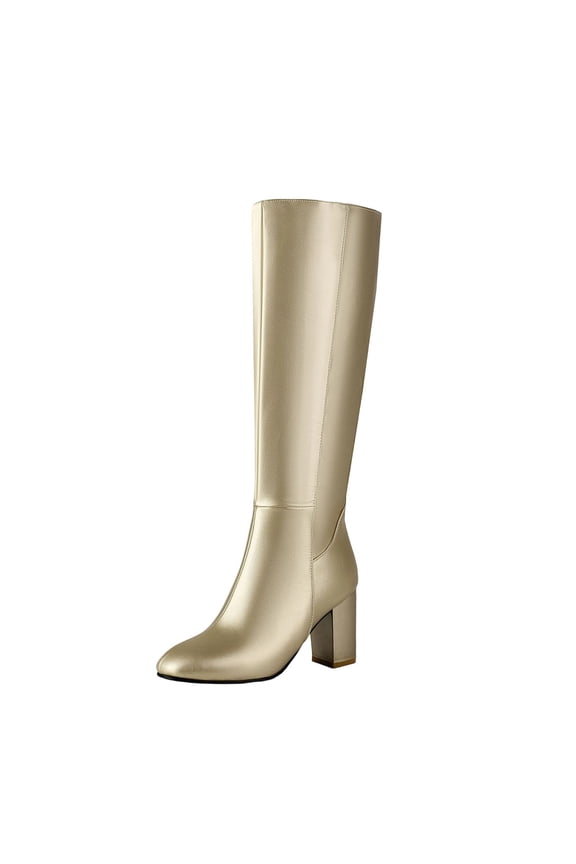 Women’s Knee High Boots Platform Chunky High Heel Square Toe Side Zipper Casual Boots Shoes Gold 7(39)