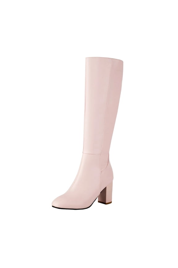 Women’s Knee High Boots Platform Chunky High Heel Square Toe Side Zipper Casual Boots Shoes Pink 8.5(41)