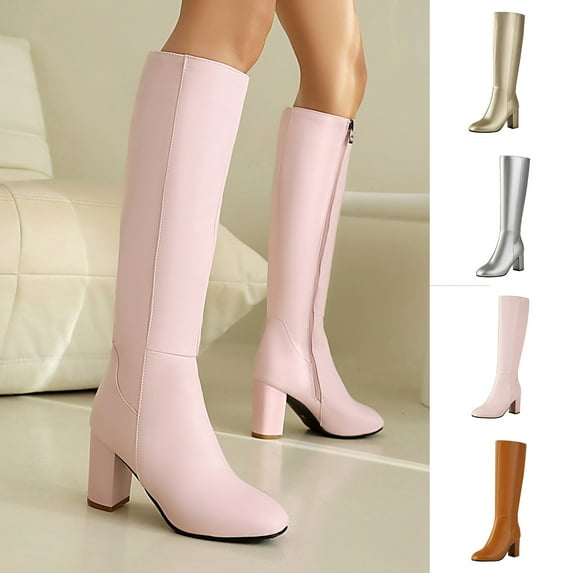 Miluxas Women’s Knee High Boots Platform Chunky High Heel Square Toe Side Zipper Casual Boots Shoes Silver 9.5(43)