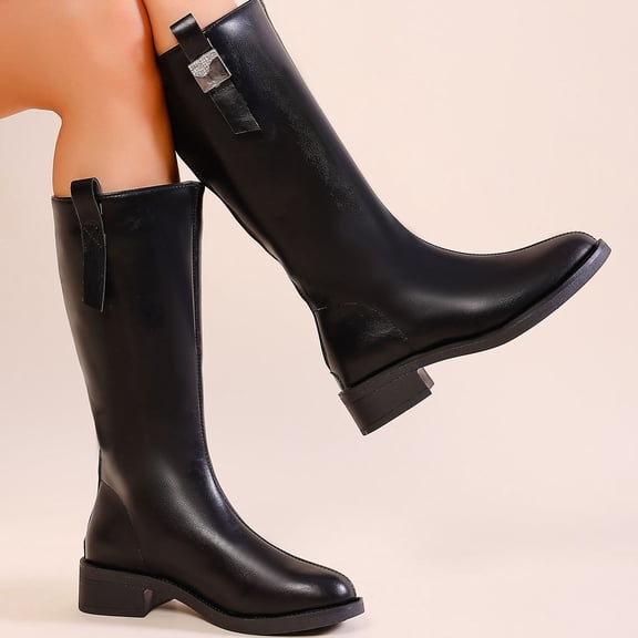 Miluxas Women's Knee High Boots Square Toe Chunky Low Heels Zipper Tall Boots Black 5.5(36)