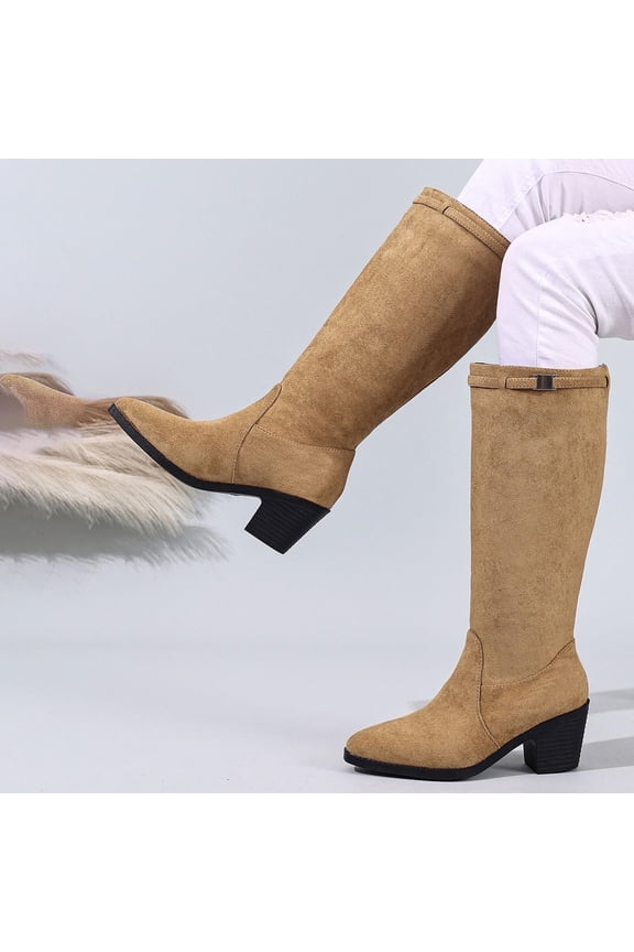 Women's Knee High Boots Suede Square Toe Chunky Heel Fall Winter Tall Boots Khaki 5.5(36)