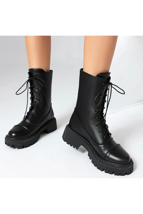 Women's Knee High Boots Winter Lace up Mid Calf Boots Leather Riding Combat Boots Black 7.5(40)
