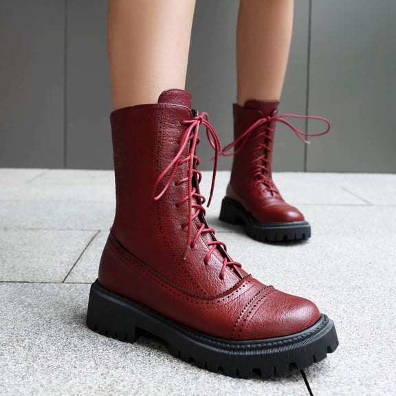 Miluxas Women's Knee High Boots Winter Lace up Mid Calf Boots Leather Riding Combat Boots Wine 8.5(41)