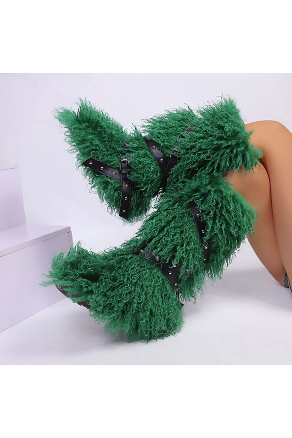 Women's Knee-High Fluffy Snow Boots Tall Boots for Womens Long Winter Boots Fuzzy Boots Plush Warm Comfortable Outdoor Indoor Flat Shoes Green 5.5(36)