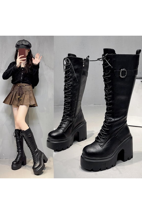Women's Knee High Platform Buckle Boots Chunky High Heel Lace Up Combat Boots with Chain Black 5.5(36)