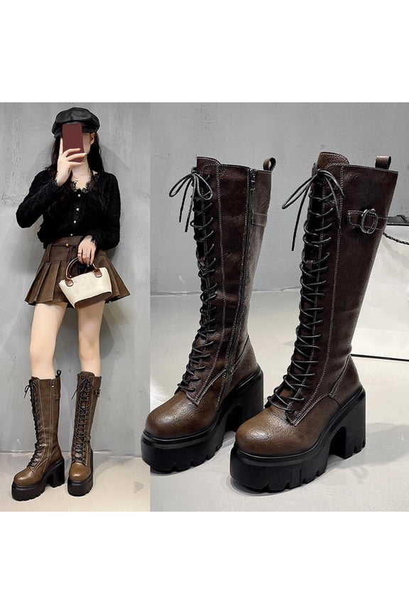Women's Knee High Platform Buckle Boots Chunky High Heel Lace Up Combat Boots with Chain Brown 6(37)
