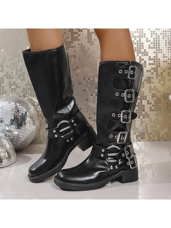 Women's Knee High Riding Boots Slip On Motorcycle Boots Square Toe Chunky Heel Fashion Buckles Biker Boots Black 5.5(36)