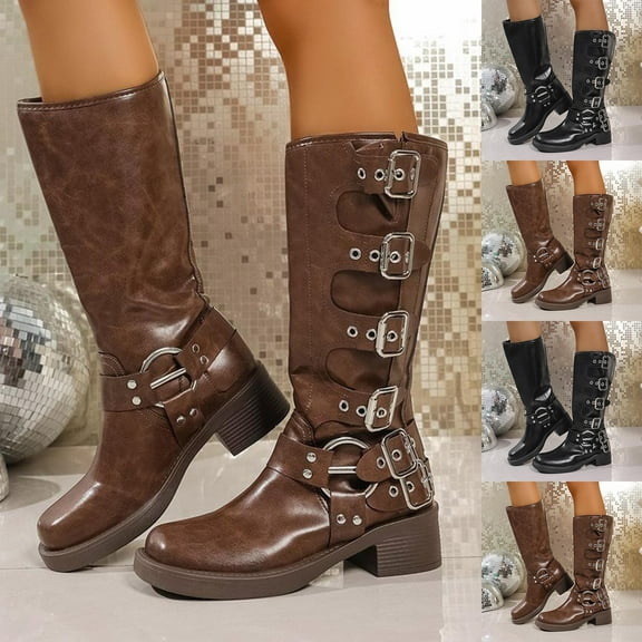 Miluxas Women's Knee High Riding Boots Slip On Motorcycle Boots Square Toe Chunky Heel Fashion Buckles Biker Boots Brown 9.5(43)