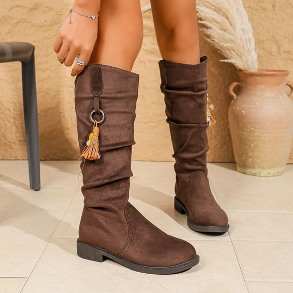 Miluxas Women's Knee High Slouchy Boots Flat Tall Boots for Women Pull On Fall Boots Brown 8.5(41)