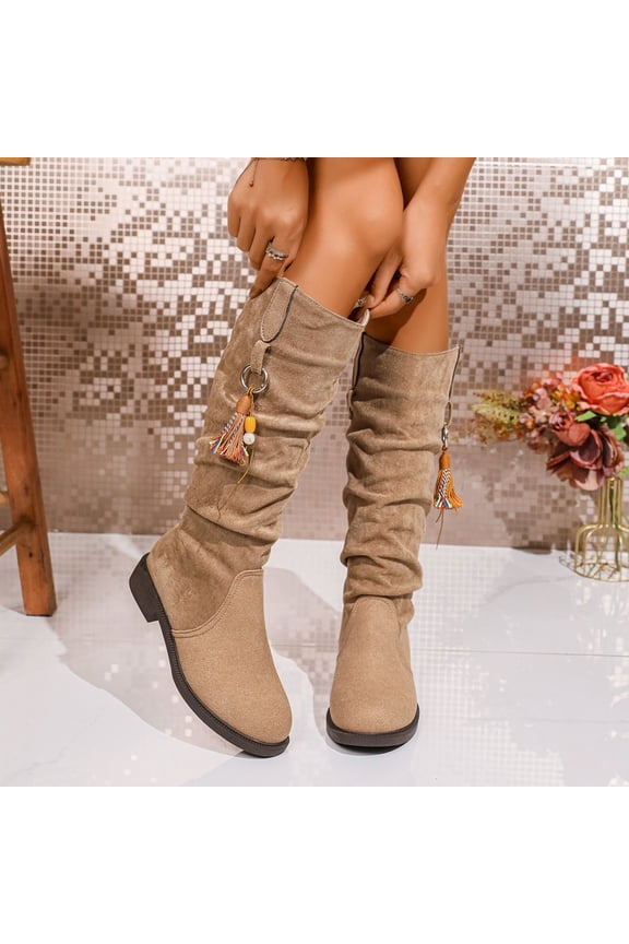 Women's Knee High Slouchy Boots Flat Tall Boots for Women Pull On Fall Boots Khaki 8.5(41)