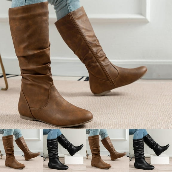 Miluxas Women's Knee High Wide Calf Boots Waterproof Leather Fall Boots with Side Zipper & Non-Slip Sole - Stylish Outdoor Footwear Brown 9(42)