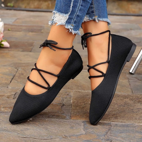 Miluxas Women’s Knit Pointed Toe Flats, Adjustable Crisscross Ankle Tie Straps Slip On Ballet Shoes, Lace up Non Slip Casual Walking Dress Flats Black 8.5(41)