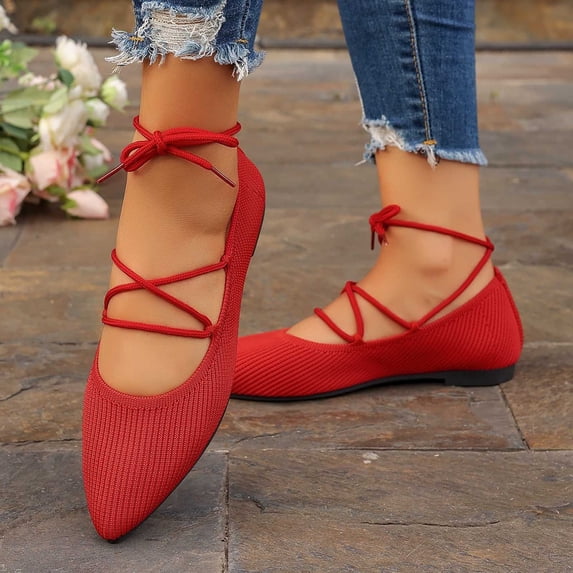 Miluxas Women’s Knit Pointed Toe Flats, Adjustable Crisscross Ankle Tie Straps Slip On Ballet Shoes, Lace up Non Slip Casual Walking Dress Flats Red 7.5(40)