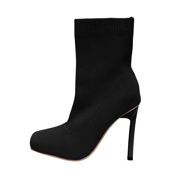 Miluxas Women's Knit Sock Ankle Boots Solid Color Square Toe High Heel Slip-on Stretch Booties Shoes Black 5.5(36)