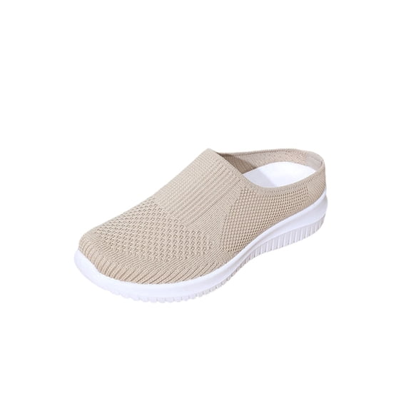 Miluxas Women's Knitted Flat Shoes Lightweight Comfortable Women Footwear Slip on Casual Breathable Mesh Walking Shoes Female Round Toe Wedges Shoes Beige 10(44)