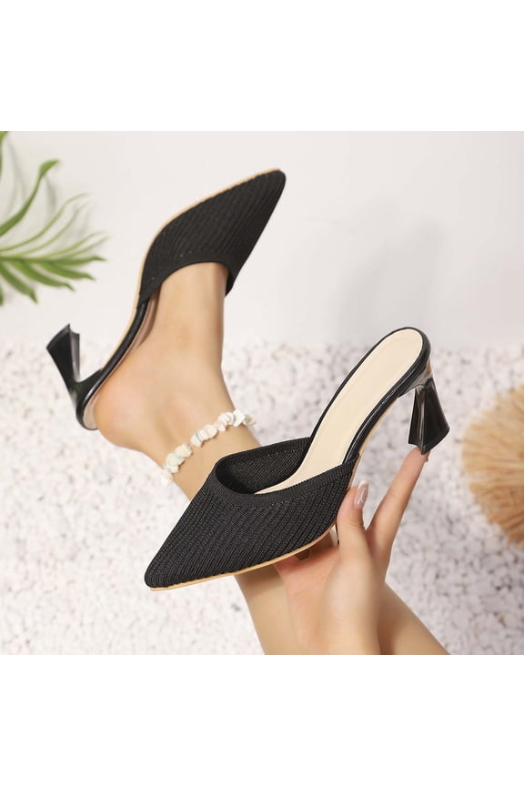 Women’s Knitted Low Kitten Heel Mules Closed Pointed Toe Comfortable Slip On Backless Slide Sandals Daily office Casual Dress Shoes Black 6.5(38)