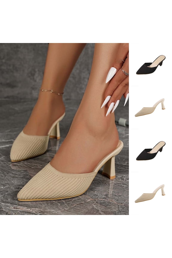 Women’s Knitted Low Kitten Heel Mules Closed Pointed Toe Comfortable Slip On Backless Slide Sandals Daily office Casual Dress Shoes Black 9(42)