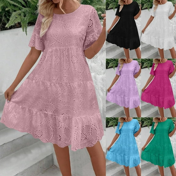 Miluxas Women's Lace Eyelet Short Sleeve Tiered Midi Long Dress Ruffle Hem Babydoll Short Dress White 10(XL)