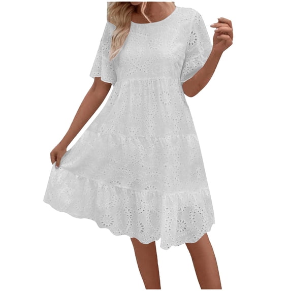 Miluxas Women's Lace Eyelet Short Sleeve Tiered Midi Long Dress Ruffle Hem Babydoll Short Dress White 6(M)