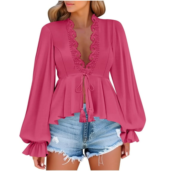 Miluxas Women's Lace Long Sleeve Peplum Top Tie Front Blouses V Neck Lantern Shirts Hot Pink S(S)