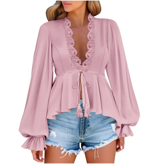Miluxas Women's Lace Long Sleeve Peplum Top Tie Front Blouses V Neck Lantern Shirts Pink XXL(XXL)