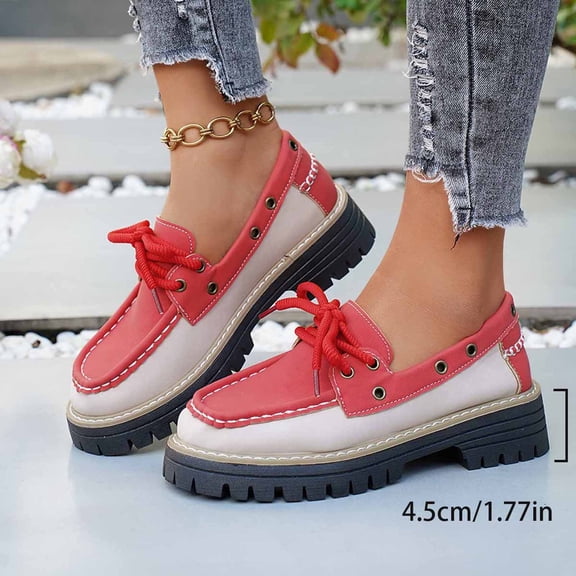 Miluxas Women's Lace Up Moccasin Platform Chunky Loafers Lightweight Slip On Comfortable Anti-Slip Dress Loafers Work Walking Casual Daily Wear Red 5.5(36)
