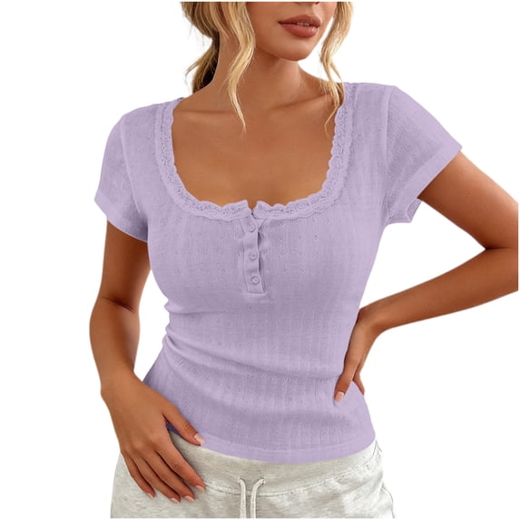 Miluxas Women's Lace Trim Ribbed Knit Crop Tops Slim Fitted Square Neck Short Sleeve Solid T Shirts Casual Summer Beach Vacation Travel Shirts Purple