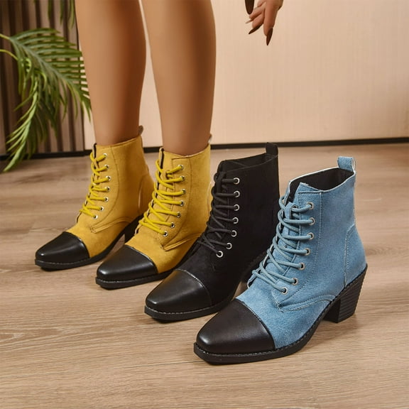 Miluxas Women's Lace Up Dressy Ankle Boots Block Low Heel Denim Western Dress Short Booties Yellow 9.5(43)