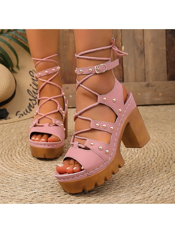 Women's Lace-Up Platform Heeled Sandals, Chunky Wooden Heel Gladiator Sandals, Open Toe Block Heel Shoes for Summer Pink 6.5(38)