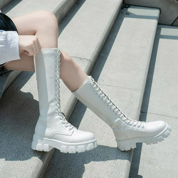 Miluxas Women's Lace up Long Boots Platform Combat Knee High Boots with Comfort Chunky Heel White 4.5(35)