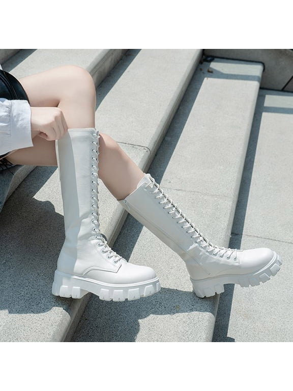 Women's Lace up Long Boots Platform Combat Knee High Boots with Comfort Chunky Heel White 4.5(35)