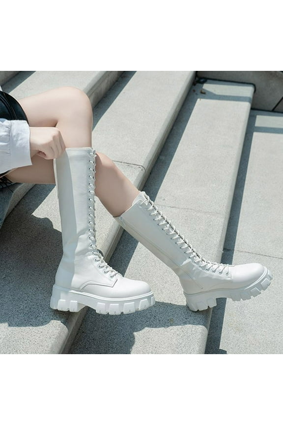 Women's Lace up Long Boots Platform Combat Knee High Boots with Comfort Chunky Heel White 9(42)