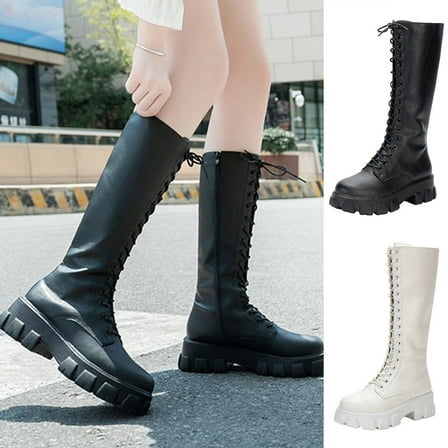 Miluxas Women's Lace up Long Boots Platform Combat Knee High Boots with Comfort Chunky Heel White 9.5(43)