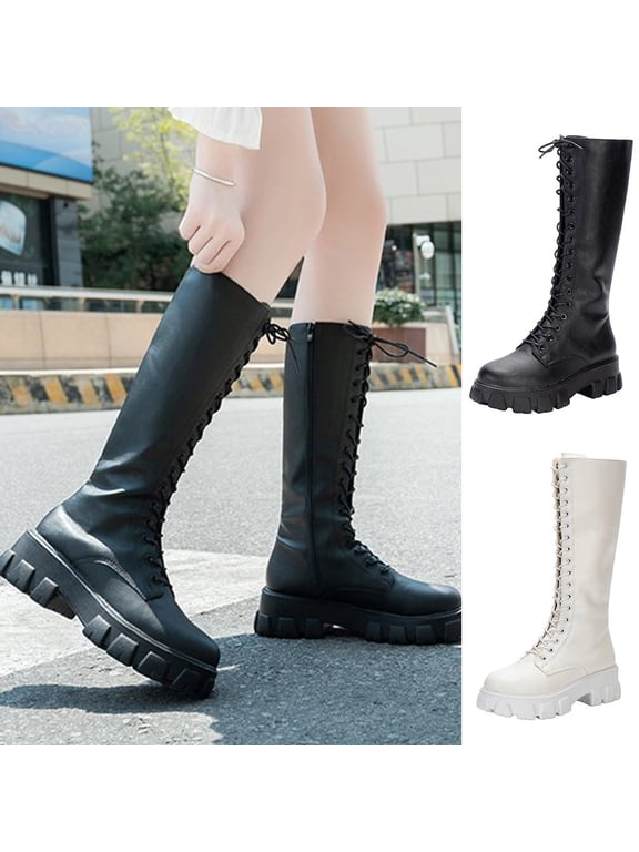 Women's Lace up Long Boots Platform Combat Knee High Boots with Comfort Chunky Heel White 9.5(43)