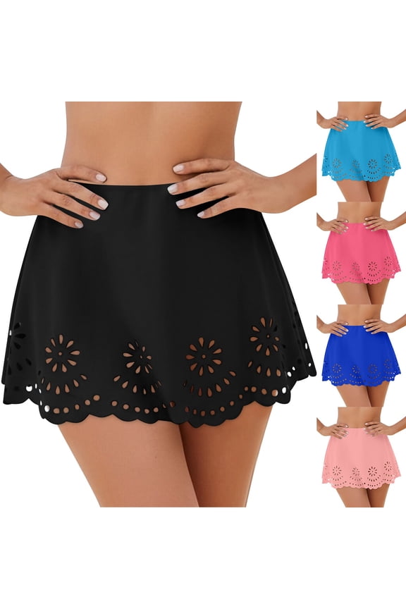 Women's Laser Cut Floral Swim Skirt Solid High Waisted Scalloped Hem Beach Cover Up Skirt for Pool Vacation Sky Blue