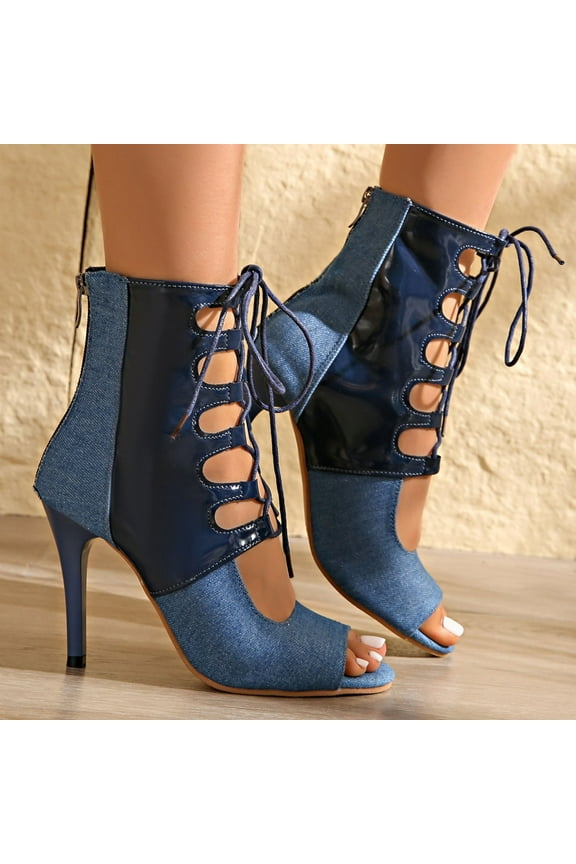 Women's Latin Ballroom Dance Boots Peep Toe Lace up Dance Jean Shoes Sole High Heel Blue 5.5(36)