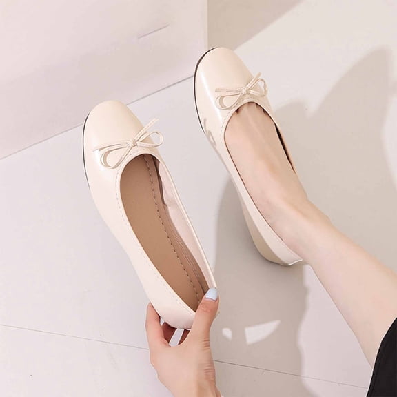Miluxas Women's Leather Ballet Flats Slip On Shoes with Round Toe and Bows Beige 6.5(38)