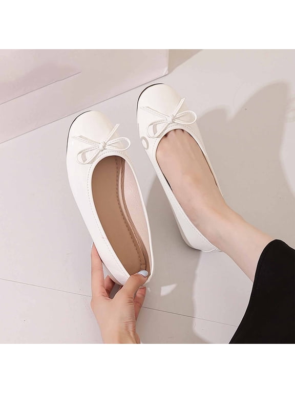 Women's Leather Ballet Flats Slip On Shoes with Round Toe and Bows White 6.5(38)