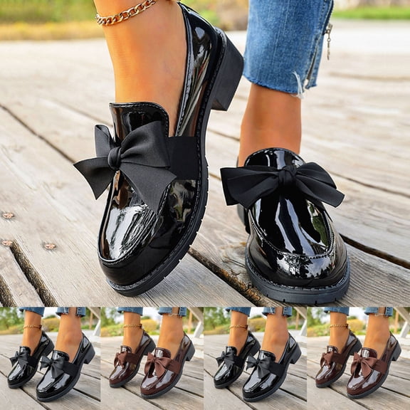 Miluxas Women's Leather Bow Platform Loafers Round Toe Solid Shoes Slip On Mid-Wedge Heel Loafers Business office Walking Shoes Brown 9.5(43)