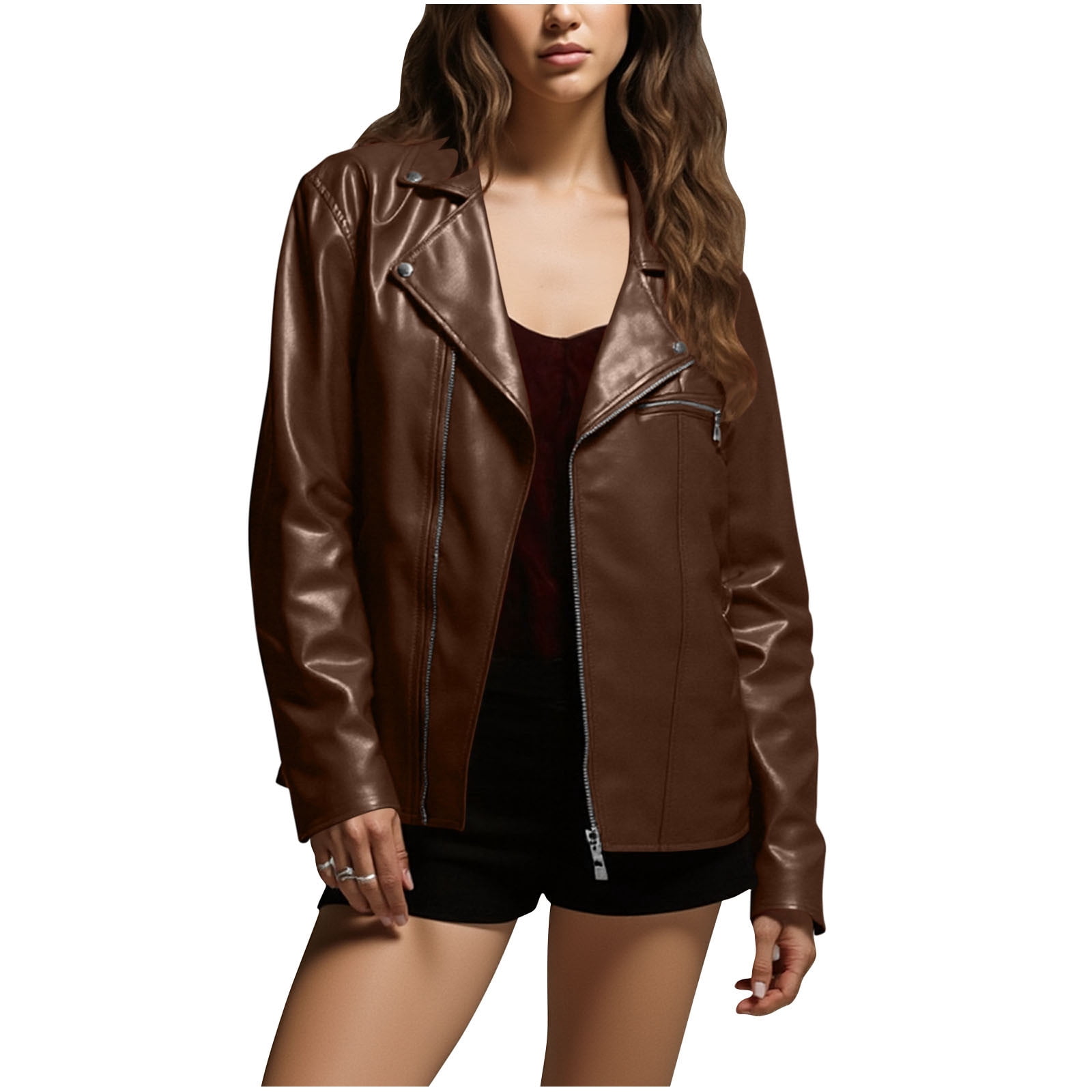 Miluxas Women's Leather Casual Jacket Lightweight Faux Leather Fall Spring Biker Vintage Jackets Brown M(M)