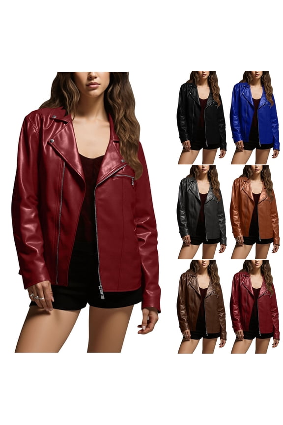 Women's Leather Casual Jacket Lightweight Faux Leather Fall Spring Biker Vintage Jackets Wine XL(XL)