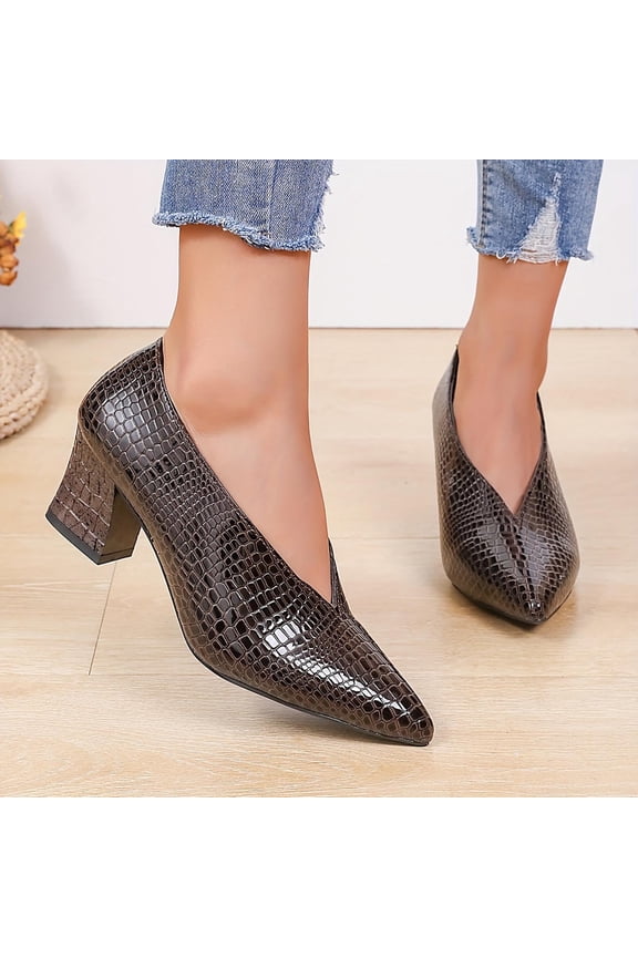 Women's Leather Chunky Heel Slip-on Pumps,Elegant Pointed Toe Mid Block Heels Non-Slip Work Dress Shoes Brown 5.5(36)
