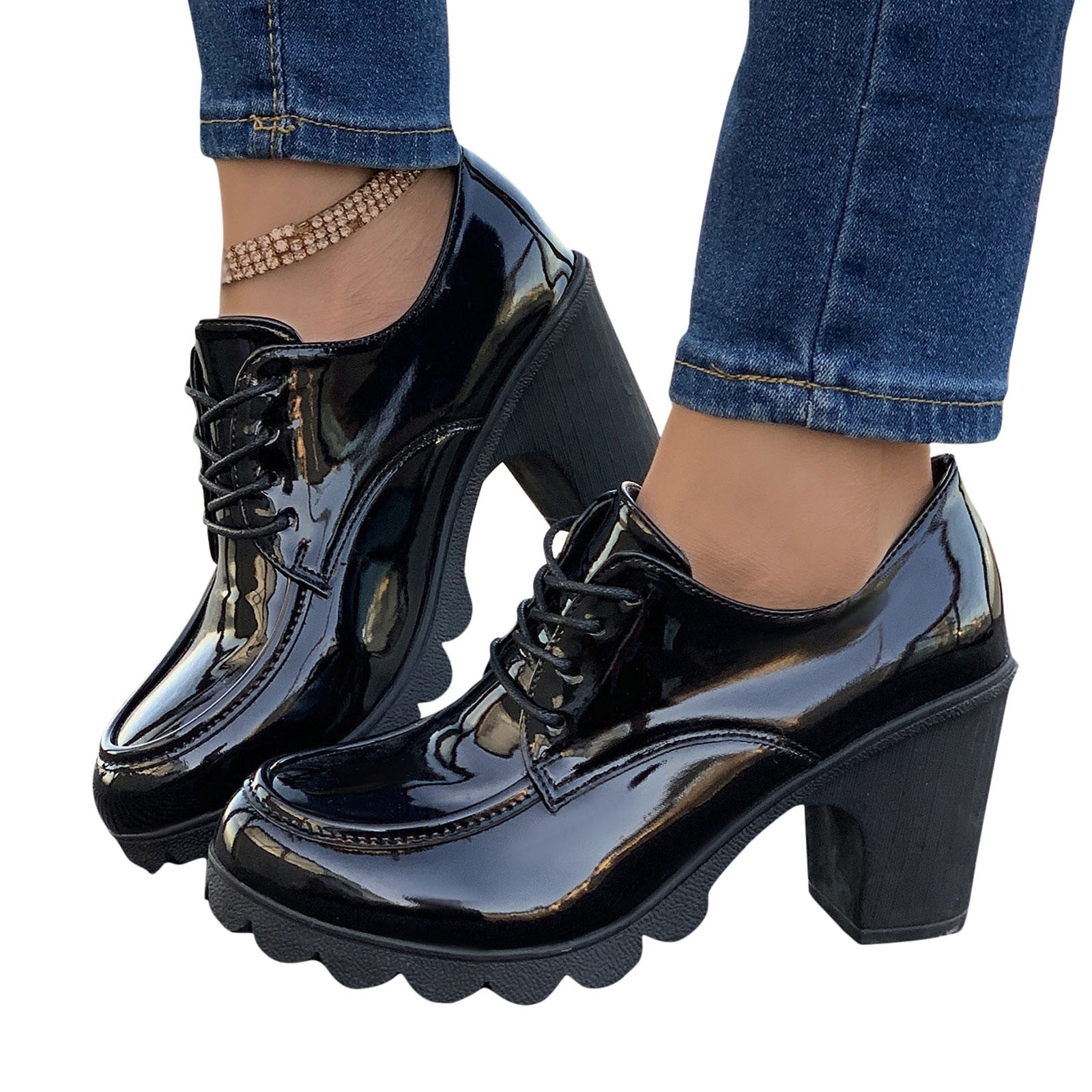 Miluxas Women's Leather Classic Lace Up Platform Chunky Mid-Heel Round ...