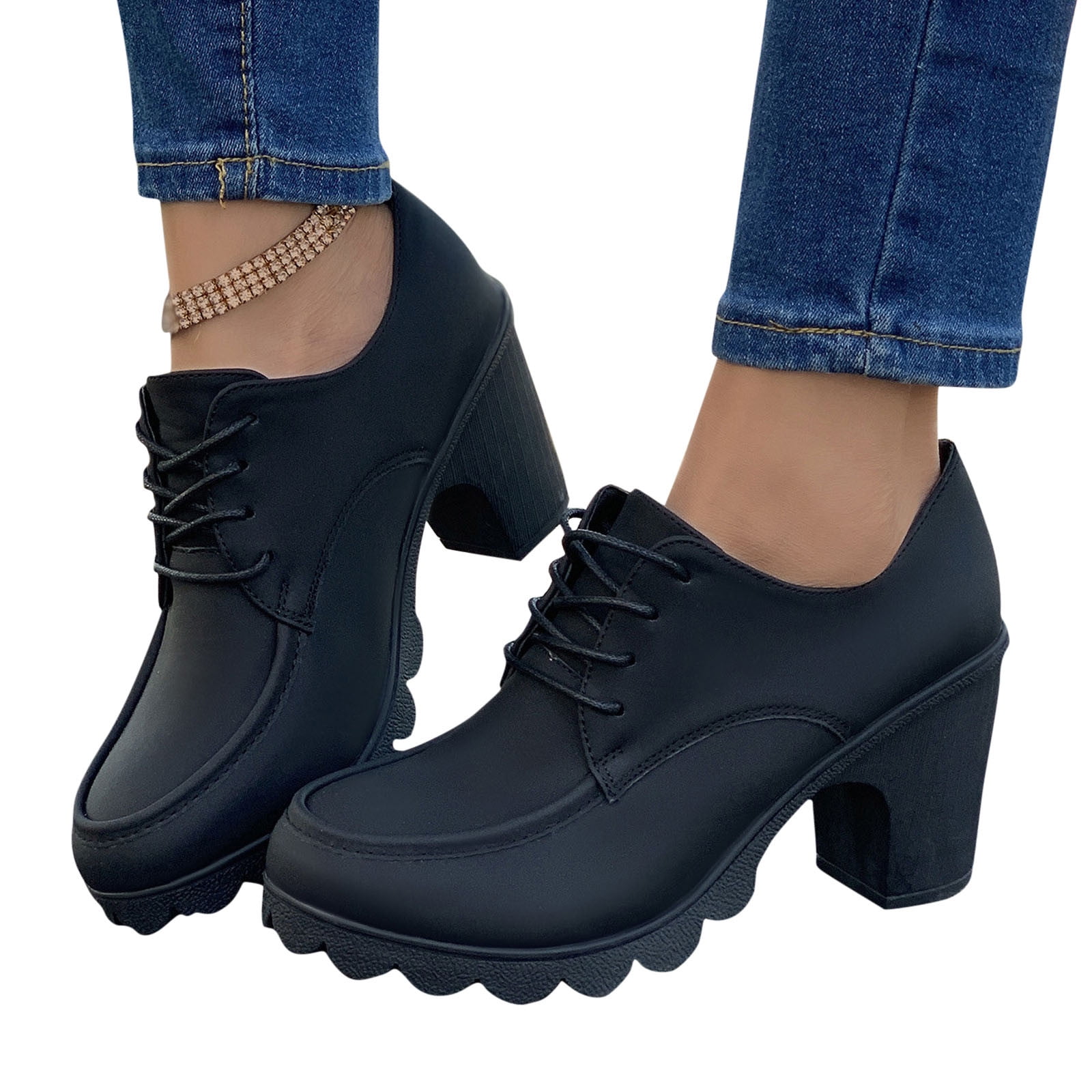Women's Leather Oxford Shoes - Chunky Heel, Lace-Up, Pointed Toe Dress Pumps For Work & Casual